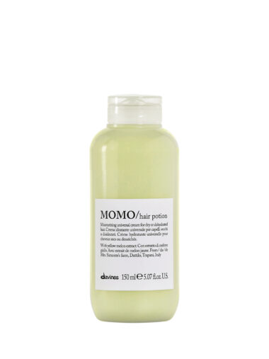 Braune Glasflasche mit grünlich-transparentem Haaröl der Marke Davines, Produktname „MOMO Hair Potion“