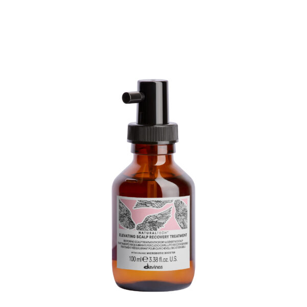 Braune Glasflasche mit Pipette, Produktname „Davines Elevating Scalp Recovery Treatment“
