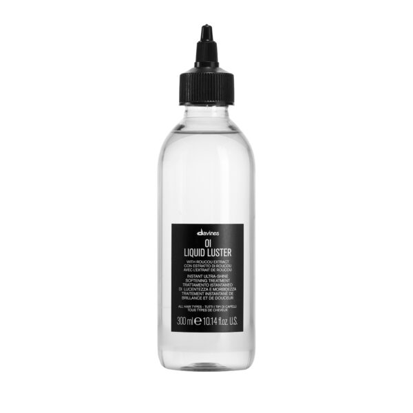 Braune Glasflasche mit Pumpspender, Produktname „Davines OI Liquid Luster“