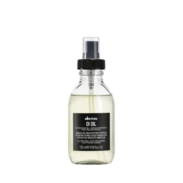 Braune Glasflasche mit Pumpspender, Produktname „Davines OI Oil