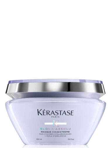 Hellblaue Dose mit intensiv pflegender Haarmaske der Marke Kérastase, Produktname „Blond Absolu Masque Cica Extreme“