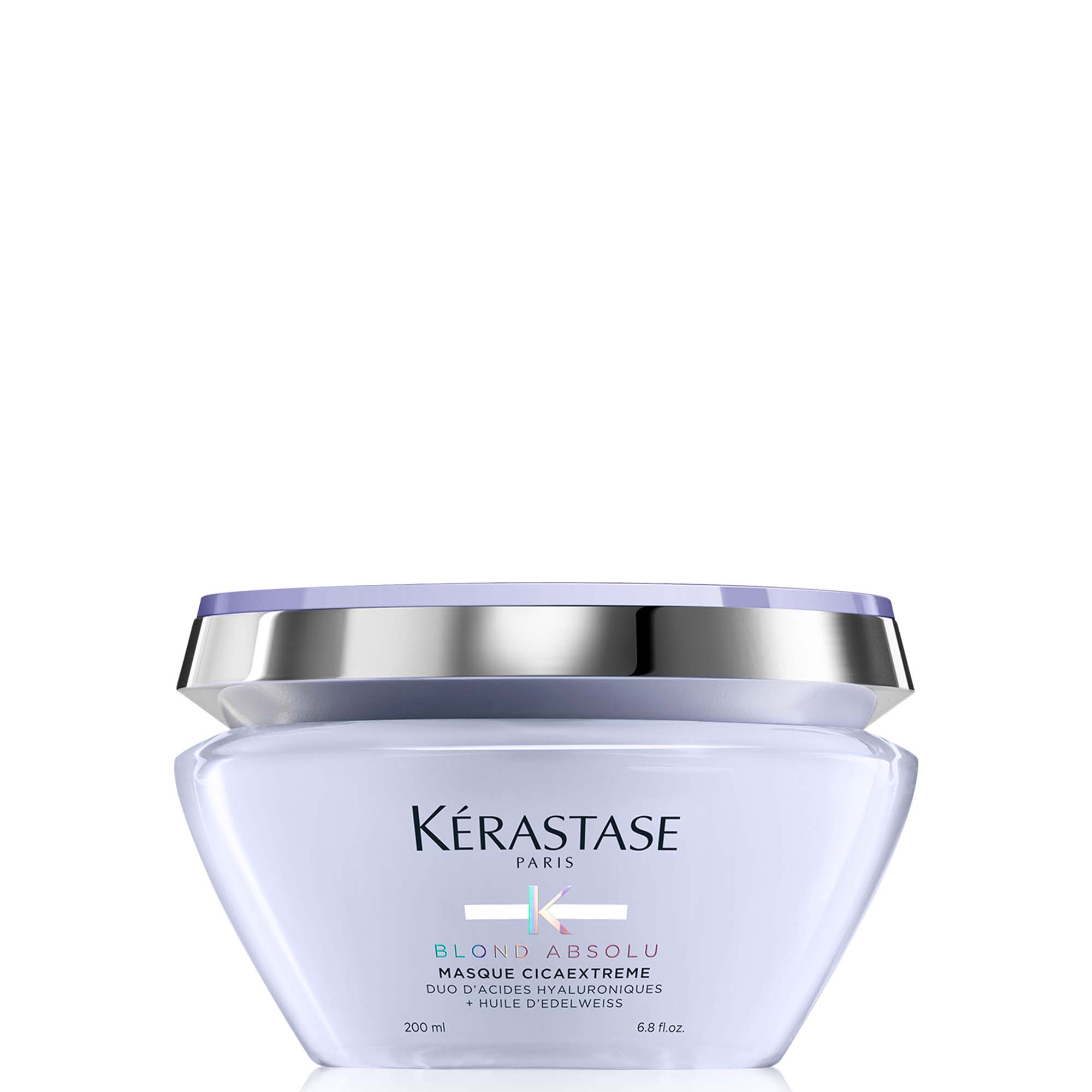 Hellblaue Dose mit intensiv pflegender Haarmaske der Marke Kérastase, Produktname „Blond Absolu Masque Cica Extreme“