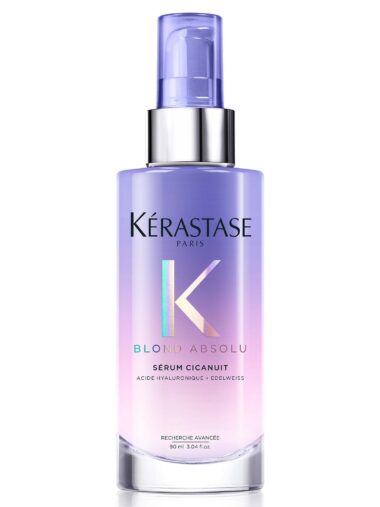 Hellblaue Glasflasche mit Pipette, Produktname „Kérastase Blond Absolu Sérum Cicanuit“