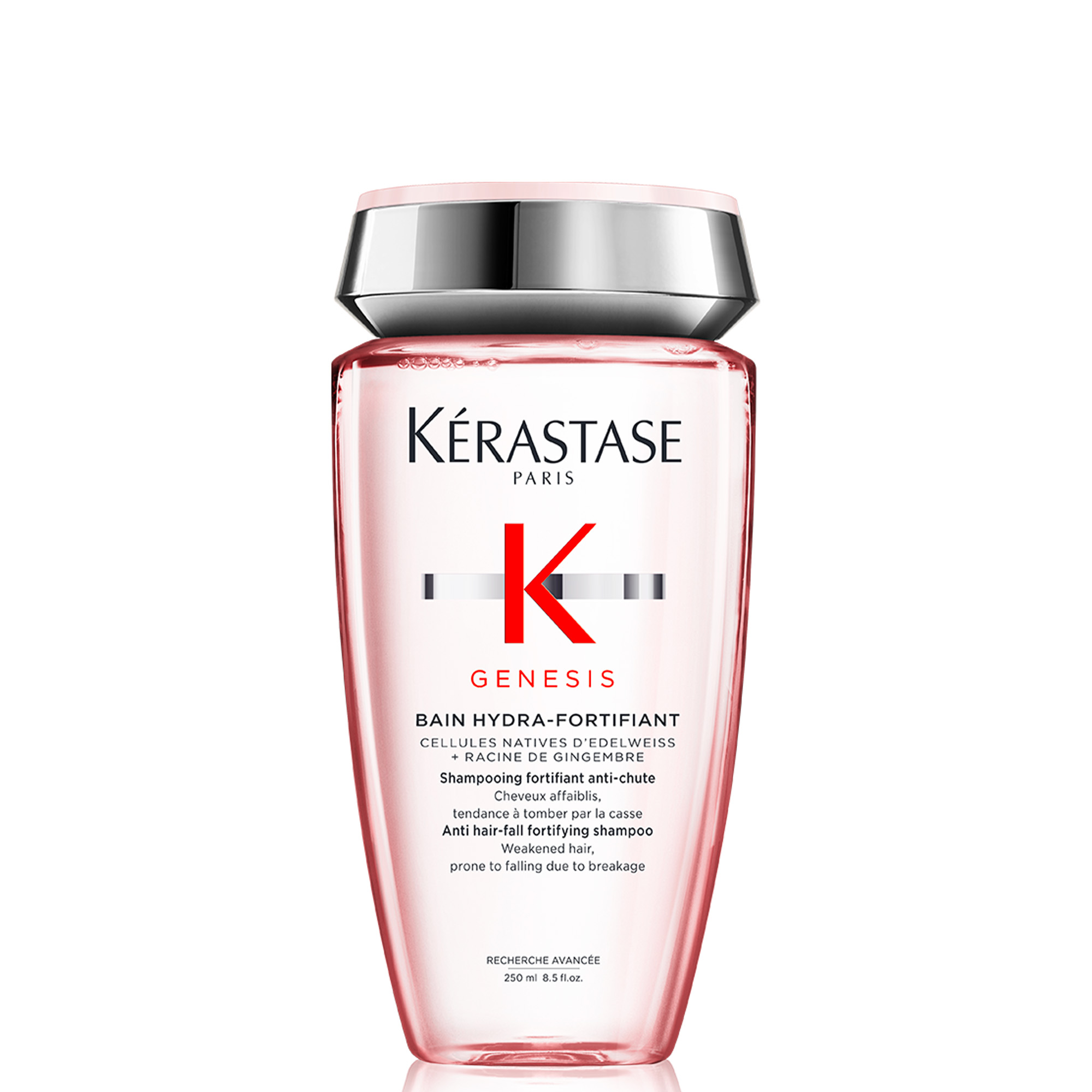 Roséfarbene Flasche mit silberfarbenem Deckel, Produktname „Kérastase Genesis Bain Hydra-Fortifiant