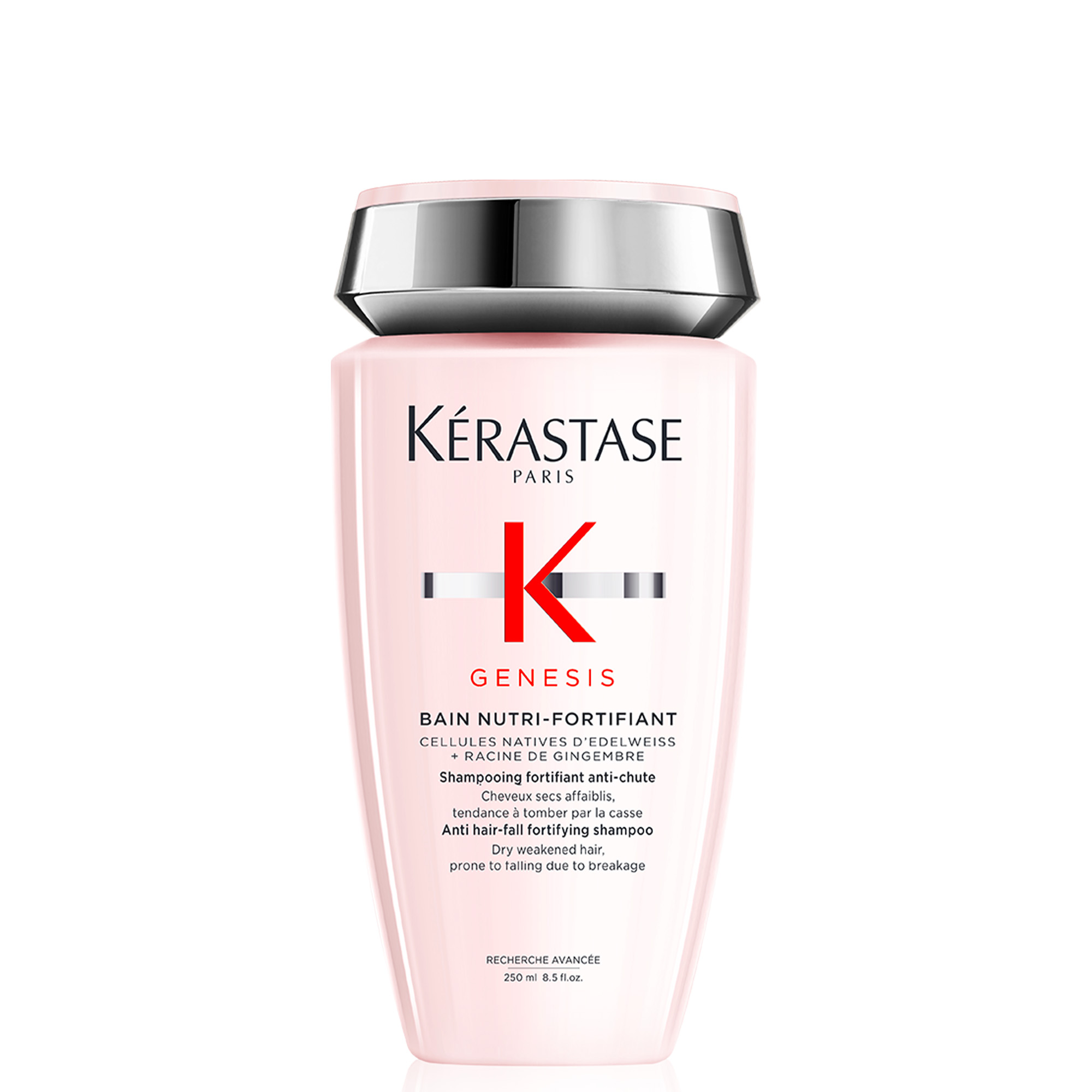Roséfarbene Flasche mit silberfarbenem Deckel, Produktname „Kérastase Genesis Bain Nutri-Fortifiant