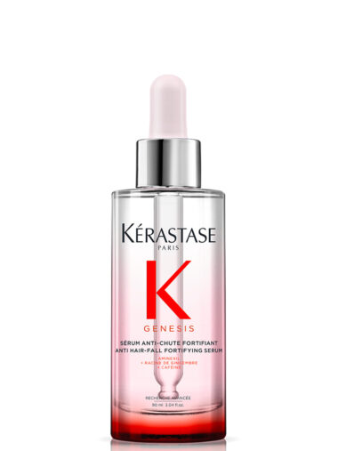 Glasflasche mit Pumpspender, Produktname „Kérastase Genesis Sérum Anti-Chute Fortifiant Aminexil