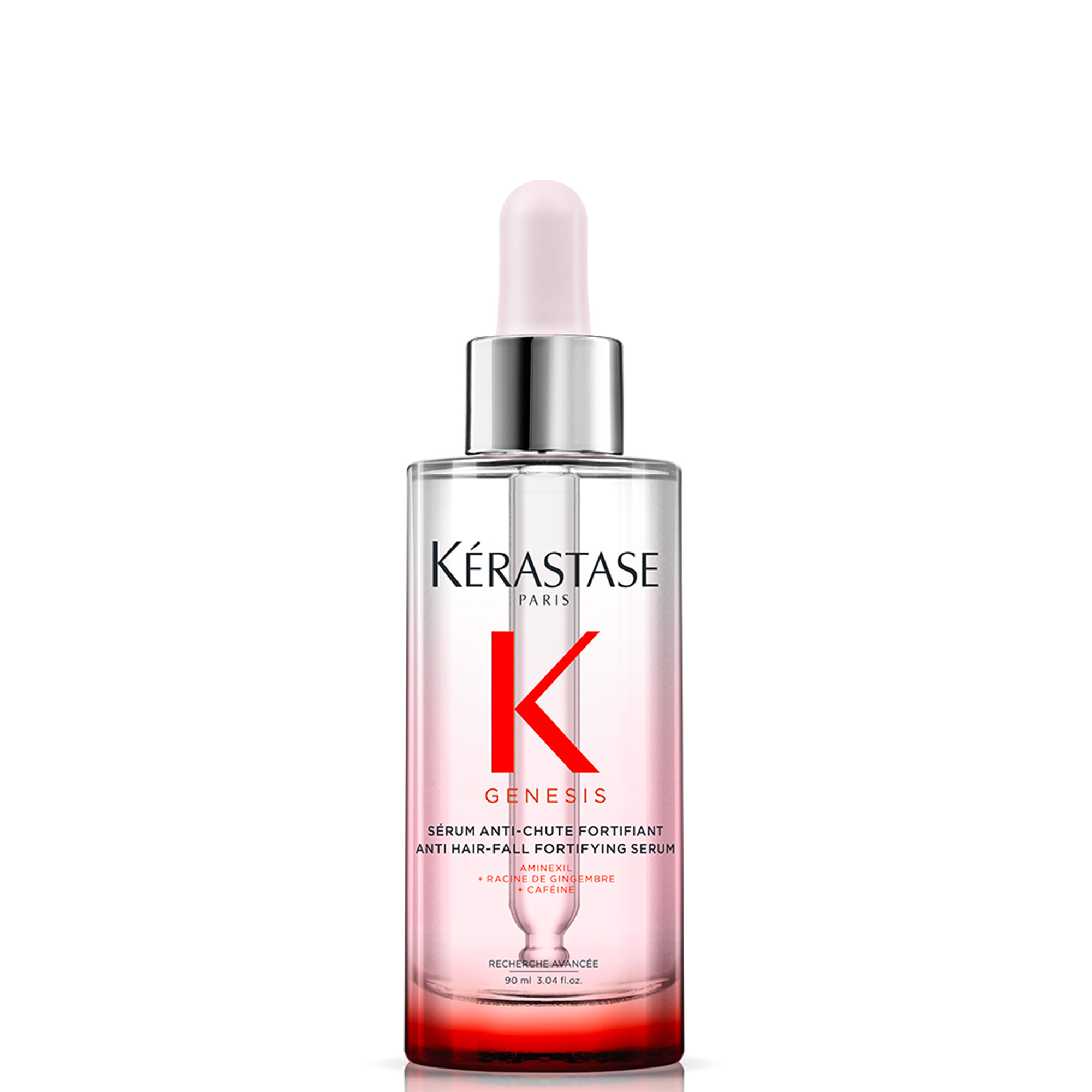 Glasflasche mit Pumpspender, Produktname „Kérastase Genesis Sérum Anti-Chute Fortifiant Aminexil