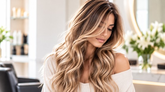 Frau mit langen, voluminösen blonden Wellen und natürlichen Highlights in einem modernen Friseursalon.