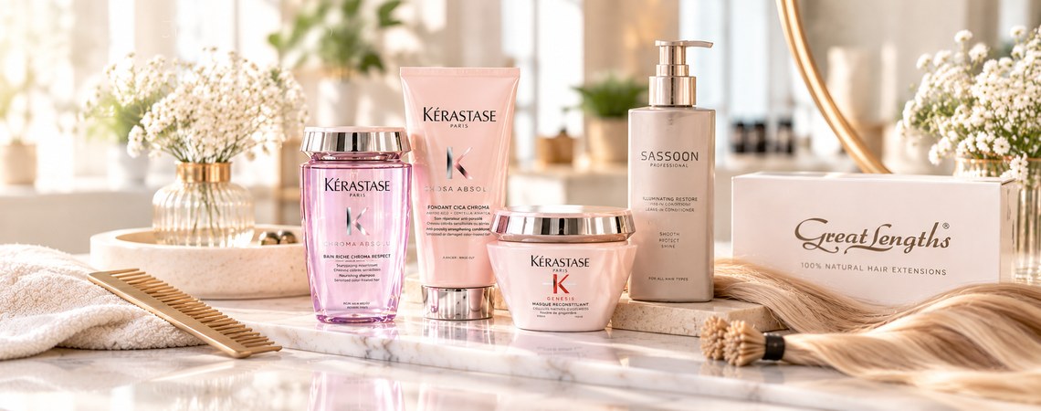 Haarpflegeprodukte von Kérastase und Sassoon Professional sowie Great Lengths Haarverlängerungen in einer eleganten Produktpräsentation.