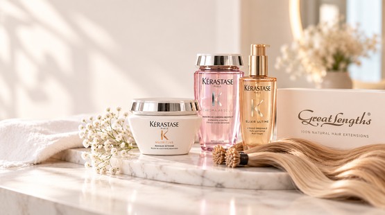Kérastase Haarpflegeprodukte und Great Lengths Haarverlängerungen auf einer eleganten Marmoroberfläche.